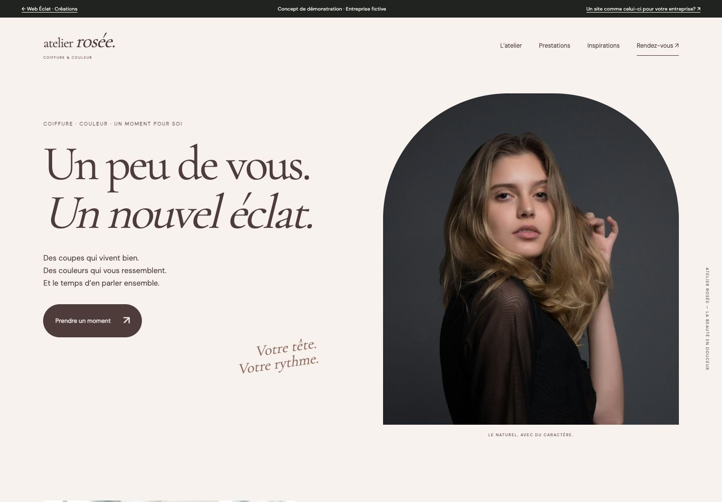 Capture de la page d’accueil Atelier Rosée, concept salon de coiffure